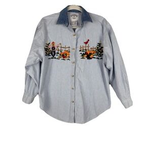 Vtg Solutions Original Striped Embroidered Fall Scarecrow Denim Shirt Women's M
